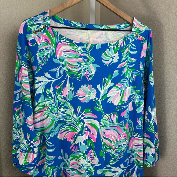 Lilly Pulitzer Sophie Boat Neck Gold Button Dress Blue Flare Fancy Fins Print - Picture 5 of 11